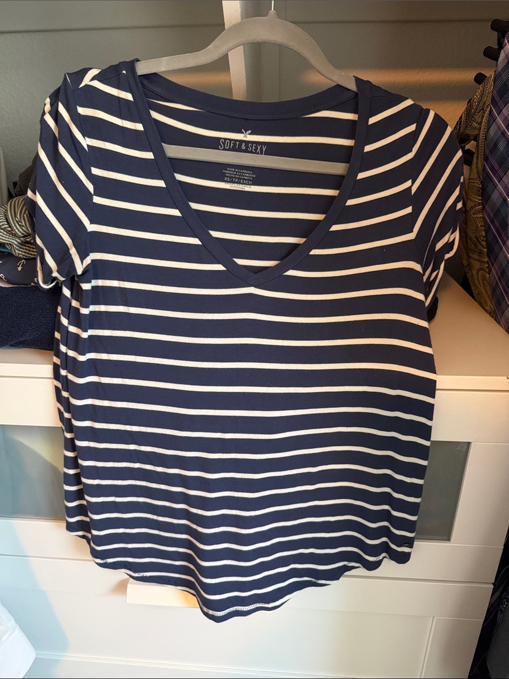 Aeropostale Navy and White Striped V-Neck Tee